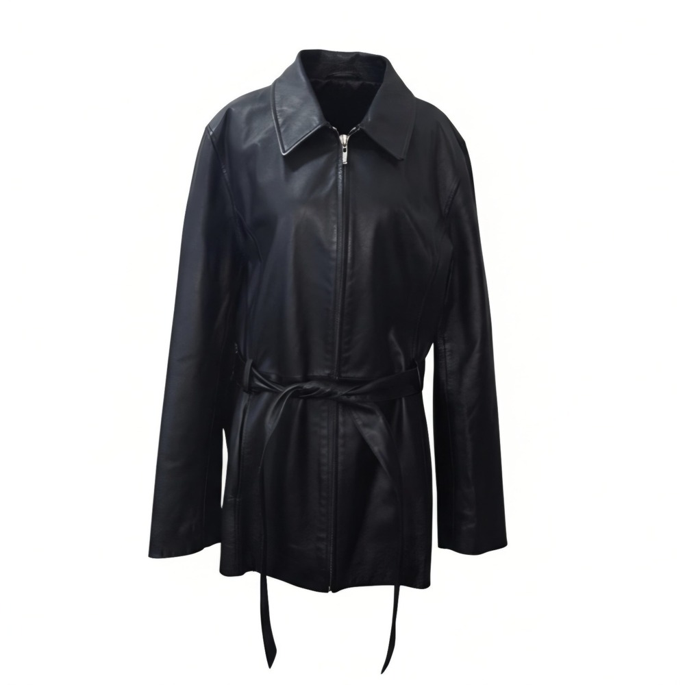 Womens Leather Jacket XL Black Belted Moto Biker Zip Up Soft Genuine Leather
